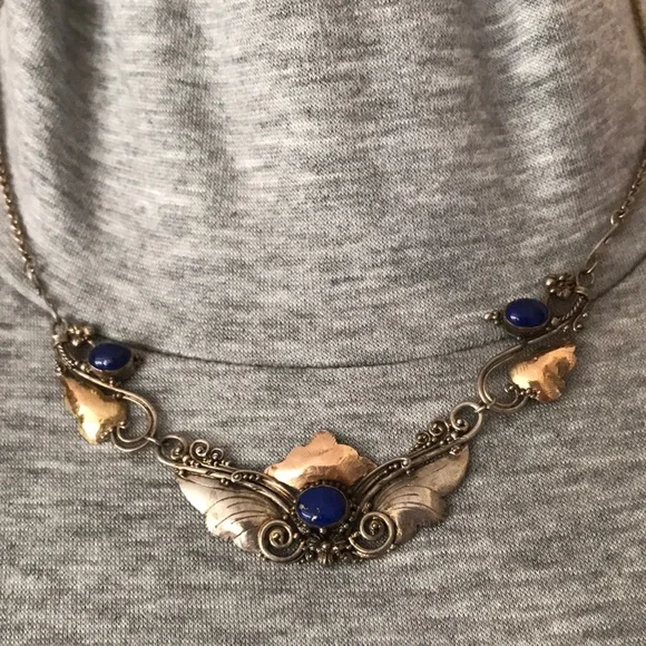 Antique Art Nouveau Sterling Silver and Gold-tone Lapis Necklace - Picture 4 of 10